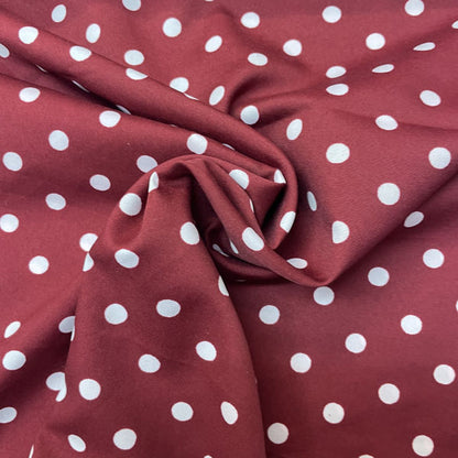 Deadstock Wine Red & White Polka Dot Satin Style Crepe Fabric