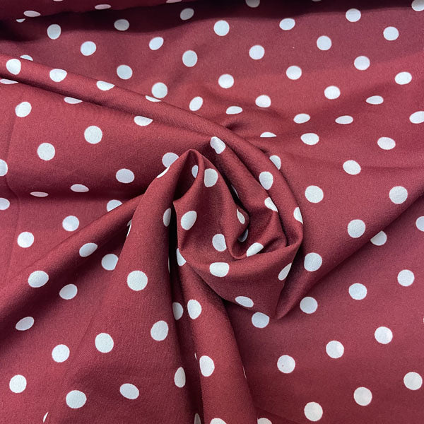 Deadstock Wine Red & White Polka Dot Satin Style Crepe Fabric