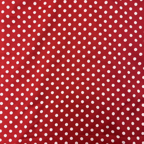 Deadstock Red & White Polka Dot Satin Style Crepe Fabric