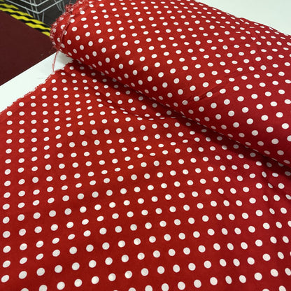Deadstock Red & White Polka Dot Satin Style Crepe Fabric