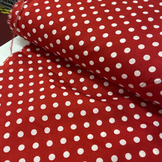 Deadstock Red & White Polka Dot Satin Style Crepe Fabric