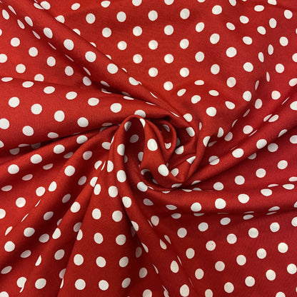 Deadstock Red & White Polka Dot Satin Style Crepe Fabric