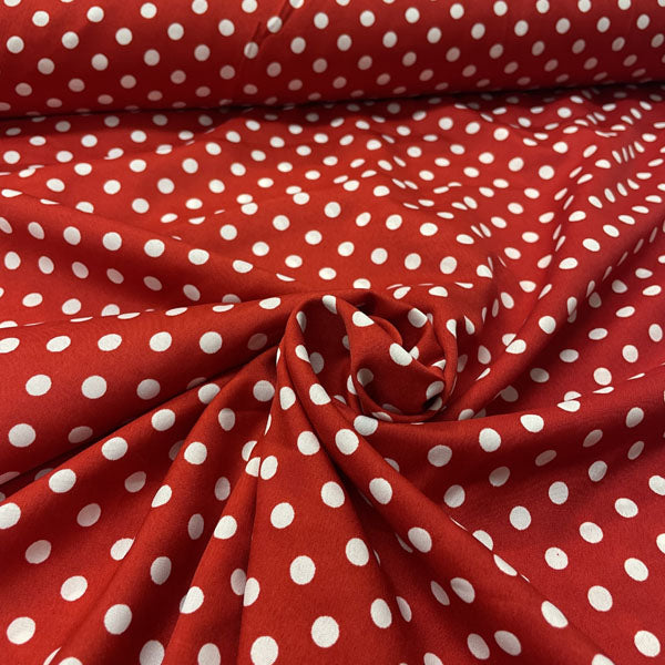 Deadstock Red & White Polka Dot Satin Style Crepe Fabric