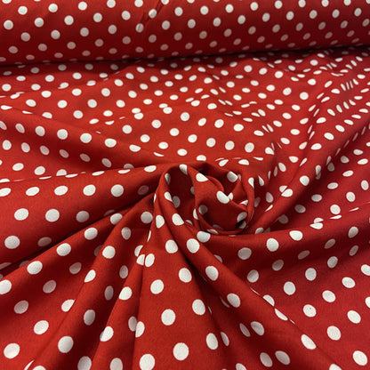 Deadstock Red & White Polka Dot Satin Style Crepe Fabric