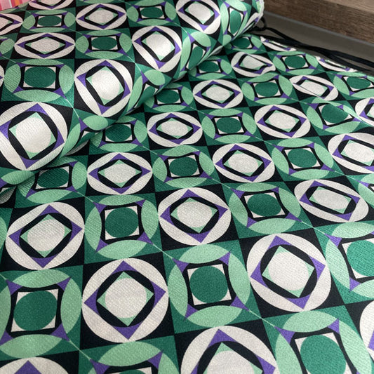Deadstock Emerald & Purple Geometric Satin Style Fabric