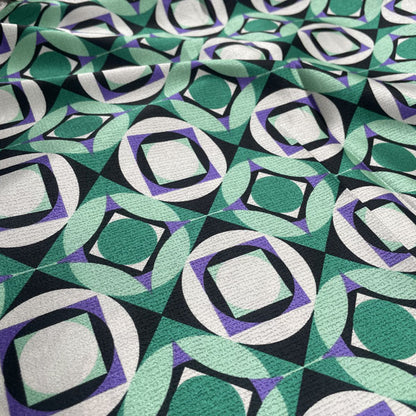 Deadstock Emerald & Purple Geometric Satin Style Fabric