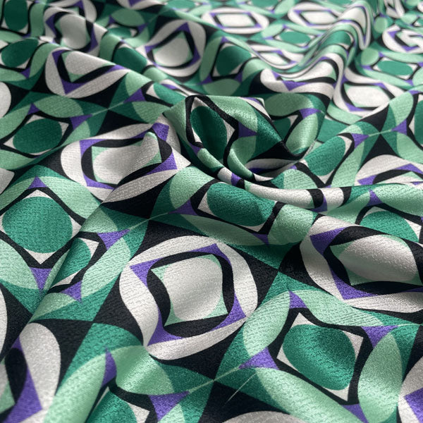 Deadstock Emerald & Purple Geometric Satin Style Fabric