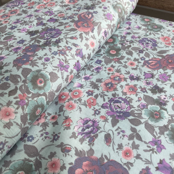 Deadstock Purple & Pink Floral Sky Blue 100% Cotton Fabric