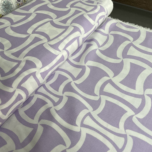 Deadstock Lilac & White Geometric Soft Viscose Fabric