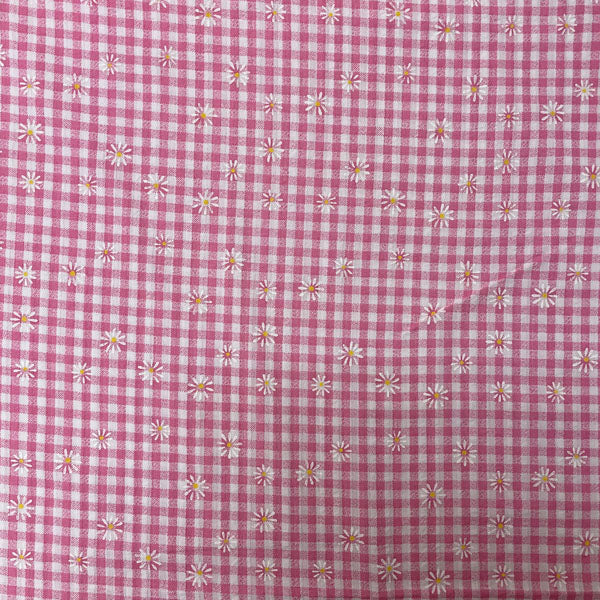 Deadstock Pink & White Daisy Floral Printed Gingham Polycotton