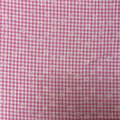 Deadstock Pink & White Daisy Floral Printed Gingham Polycotton