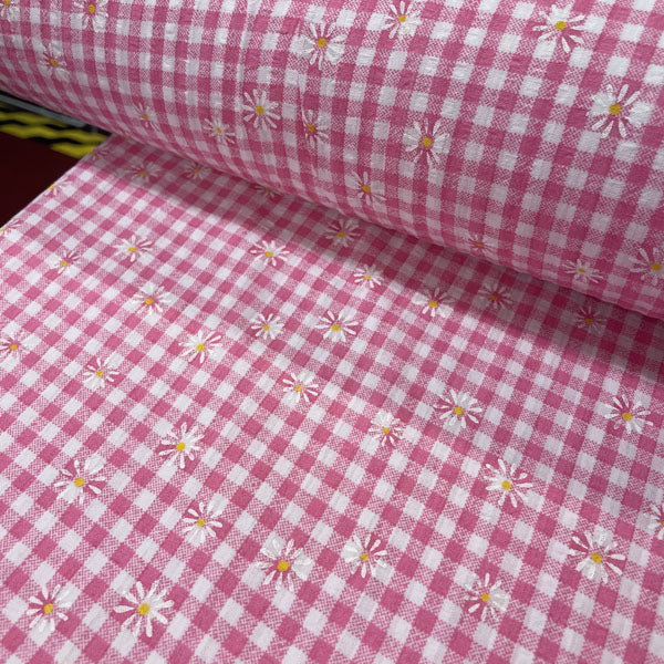 Deadstock Pink & White Daisy Floral Printed Gingham Polycotton