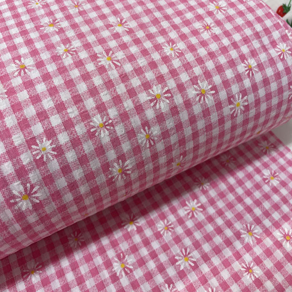 Deadstock Pink & White Daisy Floral Printed Gingham Polycotton