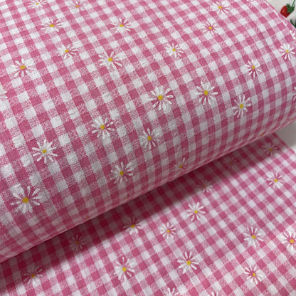 Deadstock Pink & White Daisy Floral Printed Gingham Polycotton