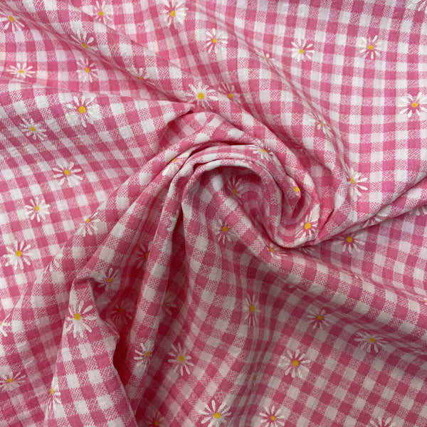 Deadstock Pink & White Daisy Floral Printed Gingham Polycotton
