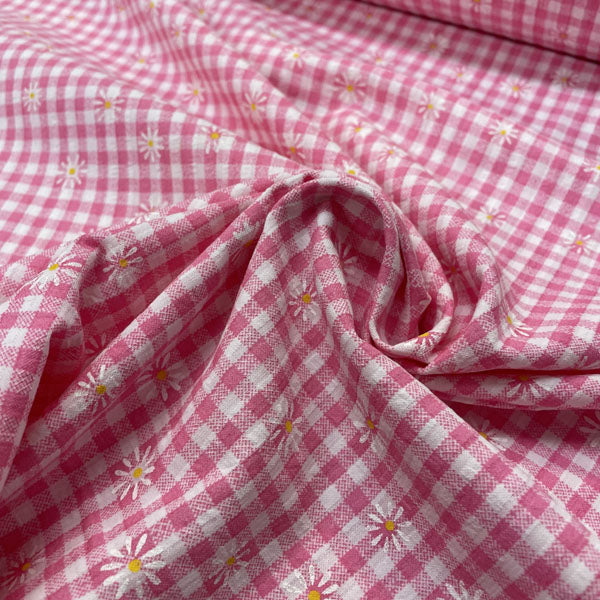 Deadstock Pink & White Daisy Floral Printed Gingham Polycotton