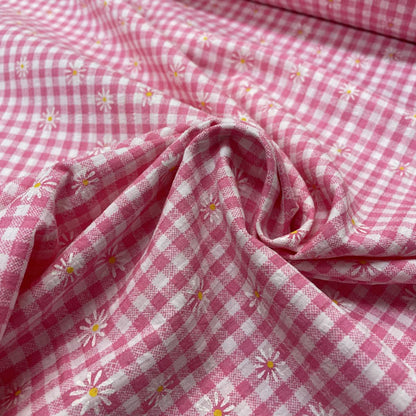 Deadstock Pink & White Daisy Floral Printed Gingham Polycotton