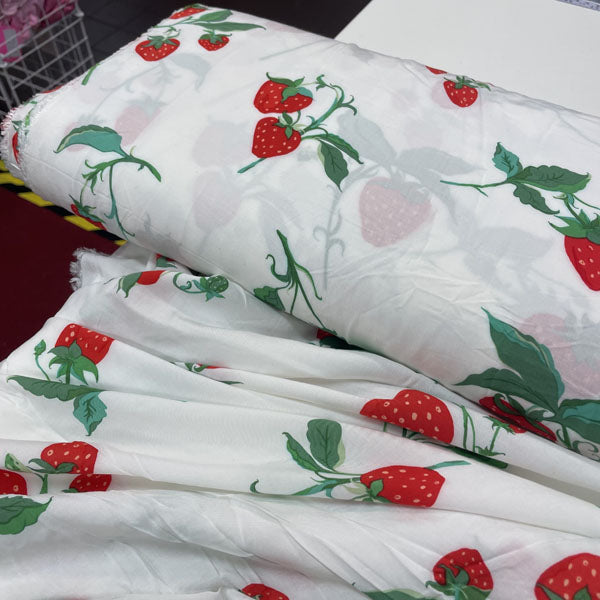 Deadstock Strawberry Print White Modal Fabric