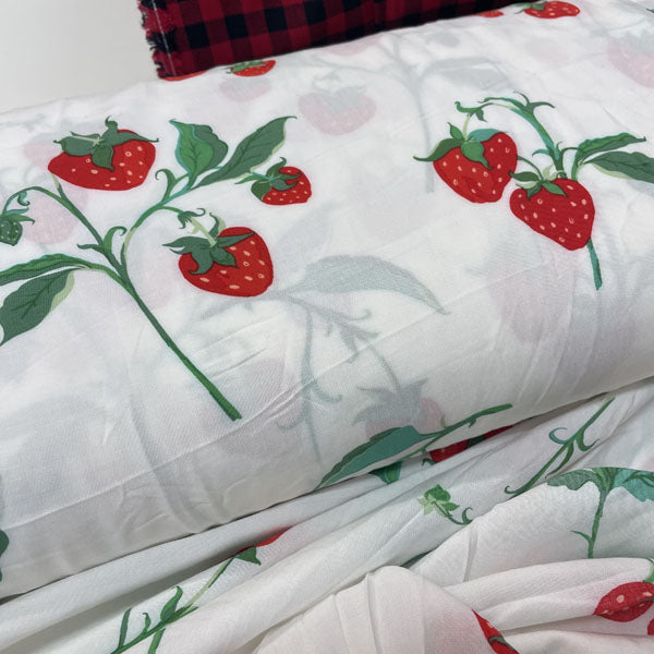Deadstock Strawberry Print White Modal Fabric