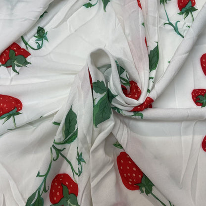 Deadstock Strawberry Print White Modal Fabric