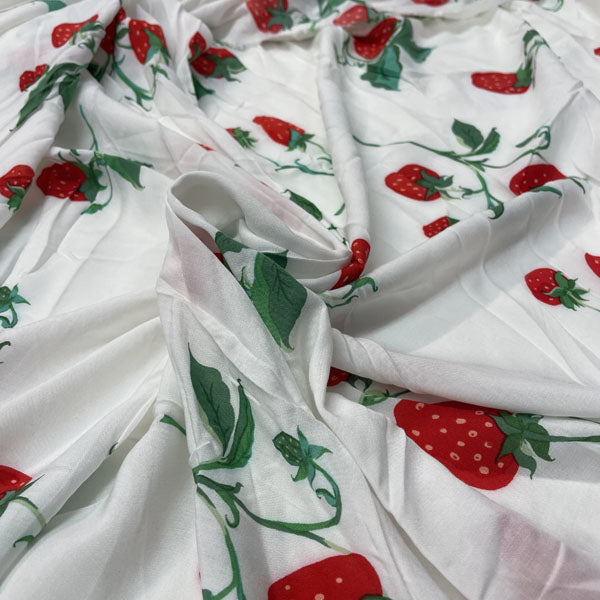 Deadstock Strawberry Print White Modal Fabric