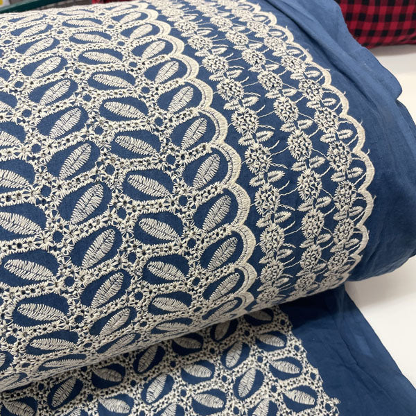 Deadstock Air Force Blue Broderie Anglaise Cotton with Leaf Detail