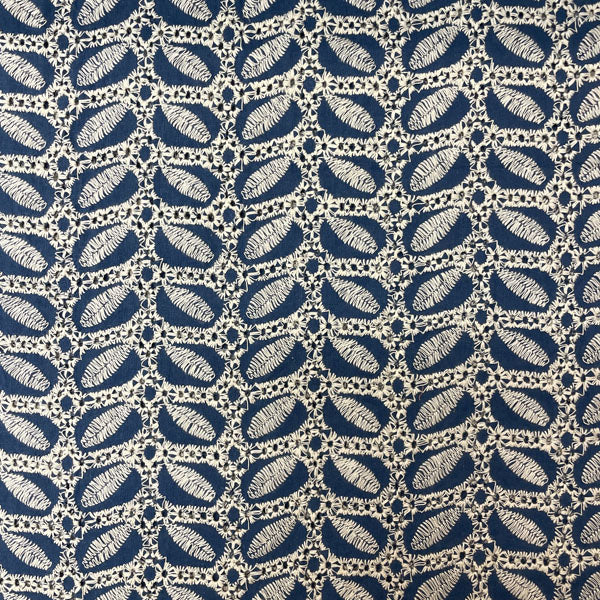 Deadstock Air Force Blue Broderie Anglaise Cotton with Leaf Detail