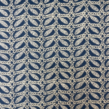 Deadstock Air Force Blue Broderie Anglaise Cotton with Leaf Detail