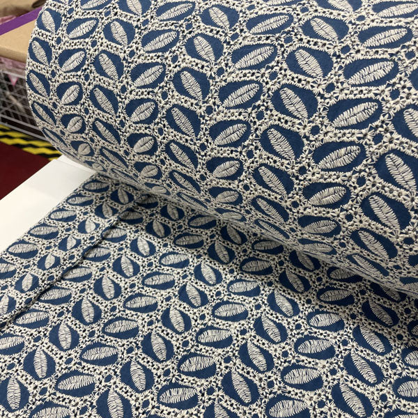 Deadstock Air Force Blue Broderie Anglaise Cotton with Leaf Detail