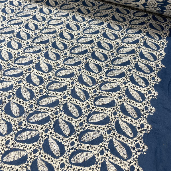 Deadstock Air Force Blue Broderie Anglaise Cotton with Leaf Detail