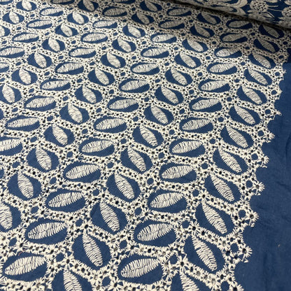 Deadstock Air Force Blue Broderie Anglaise Cotton with Leaf Detail
