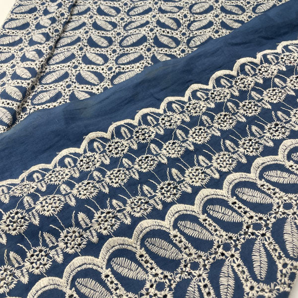 Deadstock Air Force Blue Broderie Anglaise Cotton with Leaf Detail