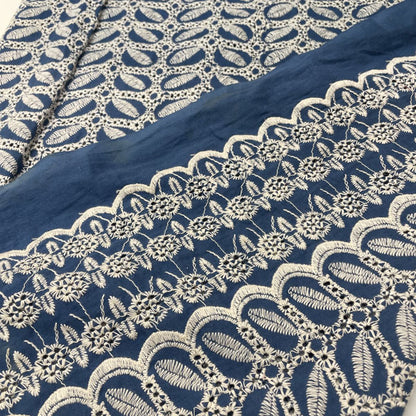 Deadstock Air Force Blue Broderie Anglaise Cotton with Leaf Detail