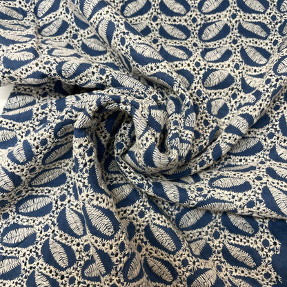 Deadstock Air Force Blue Broderie Anglaise Cotton with Leaf Detail