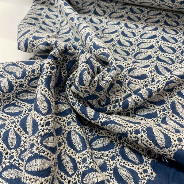 Deadstock Air Force Blue Broderie Anglaise Cotton with Leaf Detail
