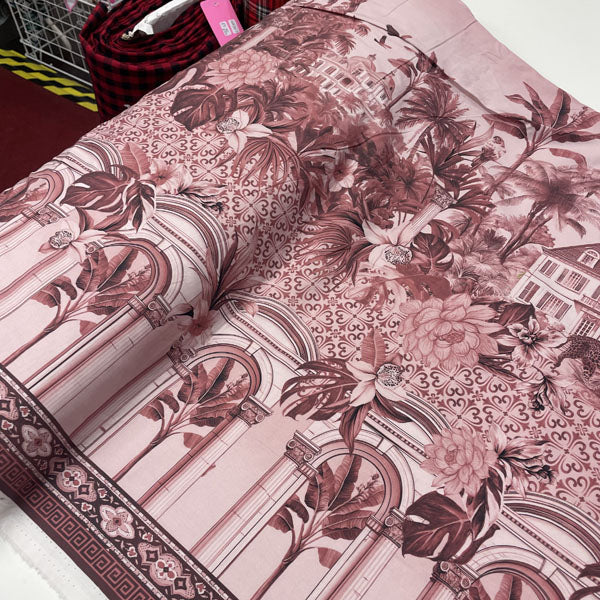 Deadstock Pink Holiday Palm Border Print Cotton