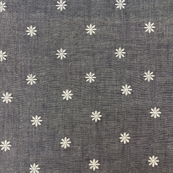Deadstock Floral Daisy Embroidered Washed Grey Blue Denim Chambray Fabric