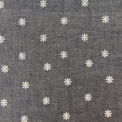 Deadstock Floral Daisy Embroidered Washed Grey Blue Denim Chambray Fabric