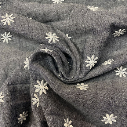 Deadstock Floral Daisy Embroidered Washed Grey Blue Denim Chambray Fabric