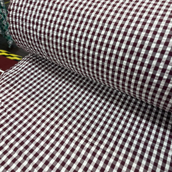 Deadstock Burgundy & White Seersucker Gingham Cotton Fabric