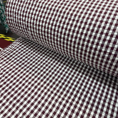 Deadstock Burgundy & White Seersucker Gingham Cotton Fabric