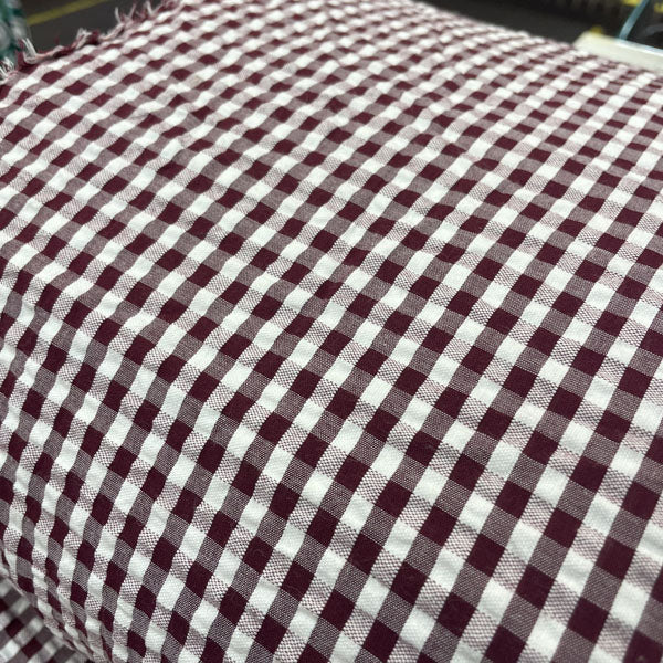 Deadstock Burgundy & White Seersucker Gingham Cotton Fabric