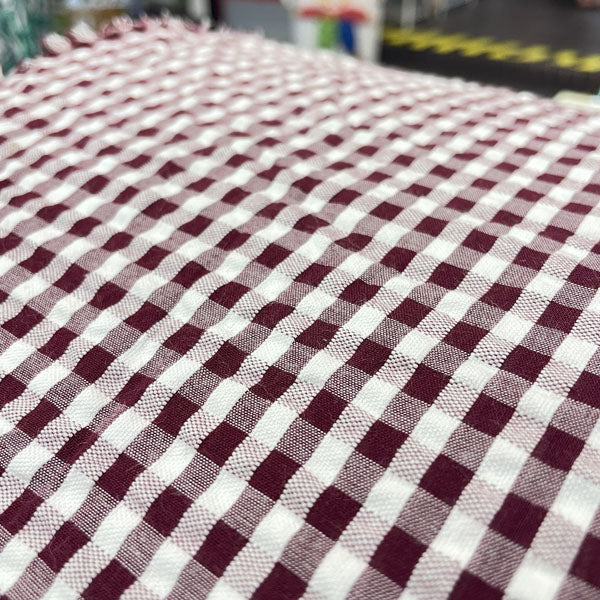 Deadstock Burgundy & White Seersucker Gingham Cotton Fabric