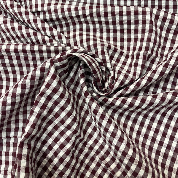 Deadstock Burgundy & White Seersucker Gingham Cotton Fabric