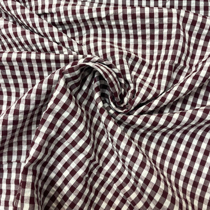 Deadstock Burgundy & White Seersucker Gingham Cotton Fabric