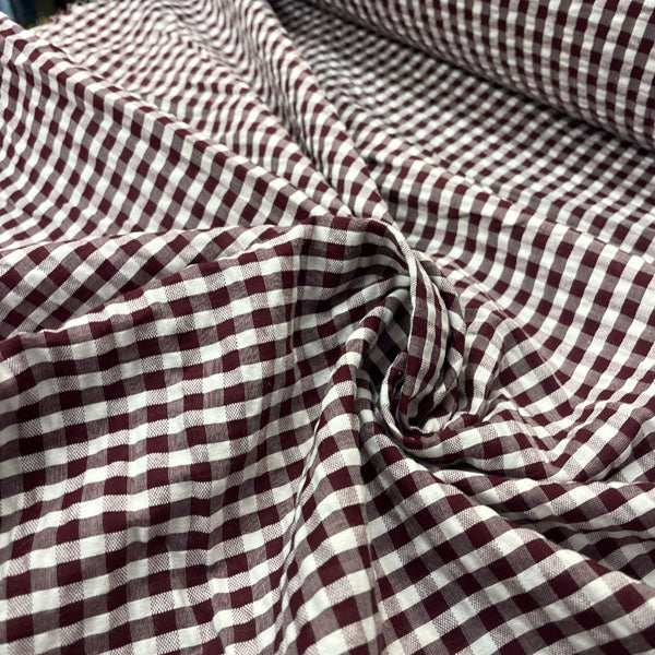 Deadstock Burgundy & White Seersucker Gingham Cotton Fabric