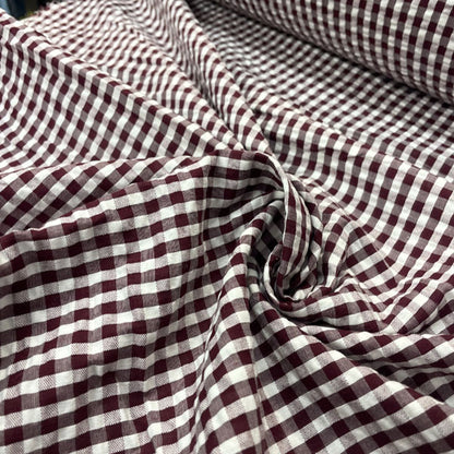 Deadstock Burgundy & White Seersucker Gingham Cotton Fabric