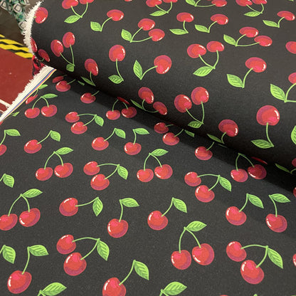 Deadstock Cherry Print Black Scuba Style Fabric