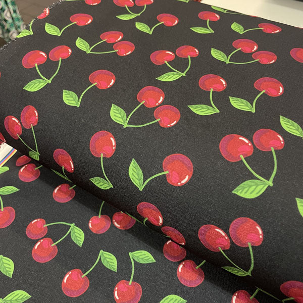 Deadstock Cherry Print Black Scuba Style Fabric
