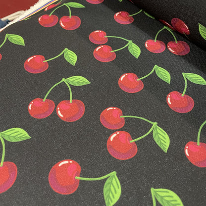 Deadstock Cherry Print Black Scuba Style Fabric